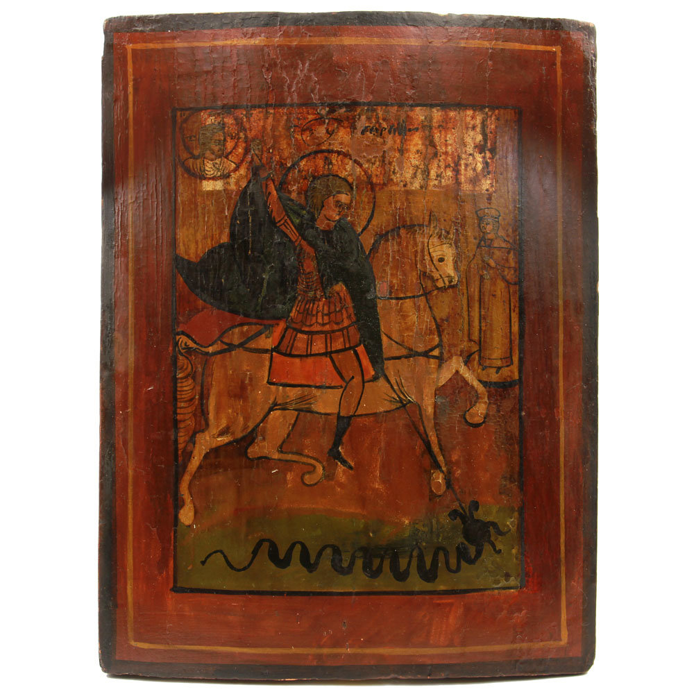 Старинная деревянная икона Чудо Георгия о змие 
