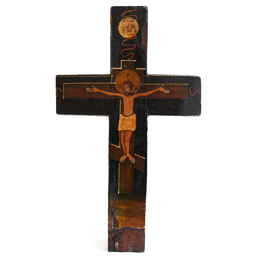 Старинный деревянный живописный крест Распятие Христово. Россия XIX век.