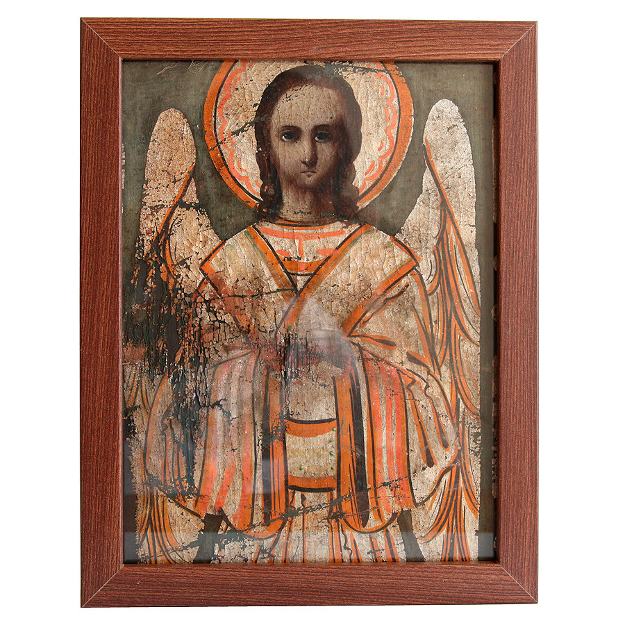 Старинная икона Ангела-Хранителя, хоругвь в темном багете. Россия XIX Век.