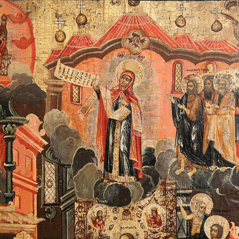 Старинная икона Покров Божией Матери в стиле «Екатерининское барокко». Россия, Кострома XVIII век.