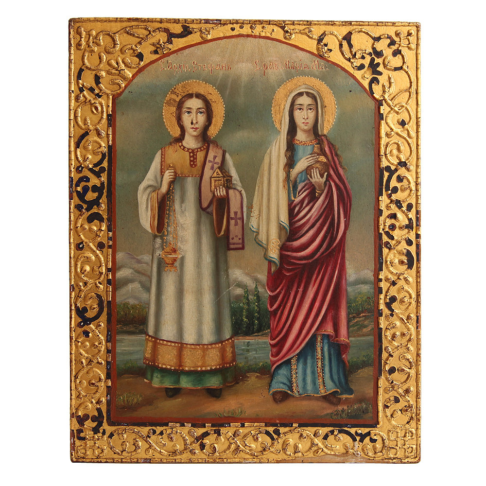 Старинная икона, защищающая от колдовства «Святая Мария Магдалина и Святой Стефан». Россия, конец XIX века.