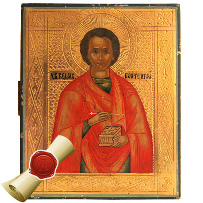 Старинная икона Святой Пантелеймон Целитель. Россия XIX век.