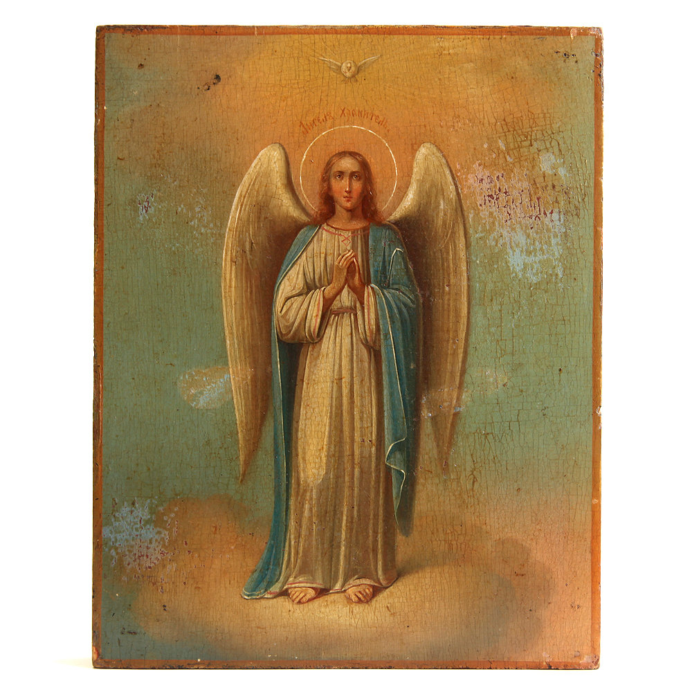 Старинная коллекционная икона Ангела Хранителя, небесного покровителя и защитника. Россия XIX век.