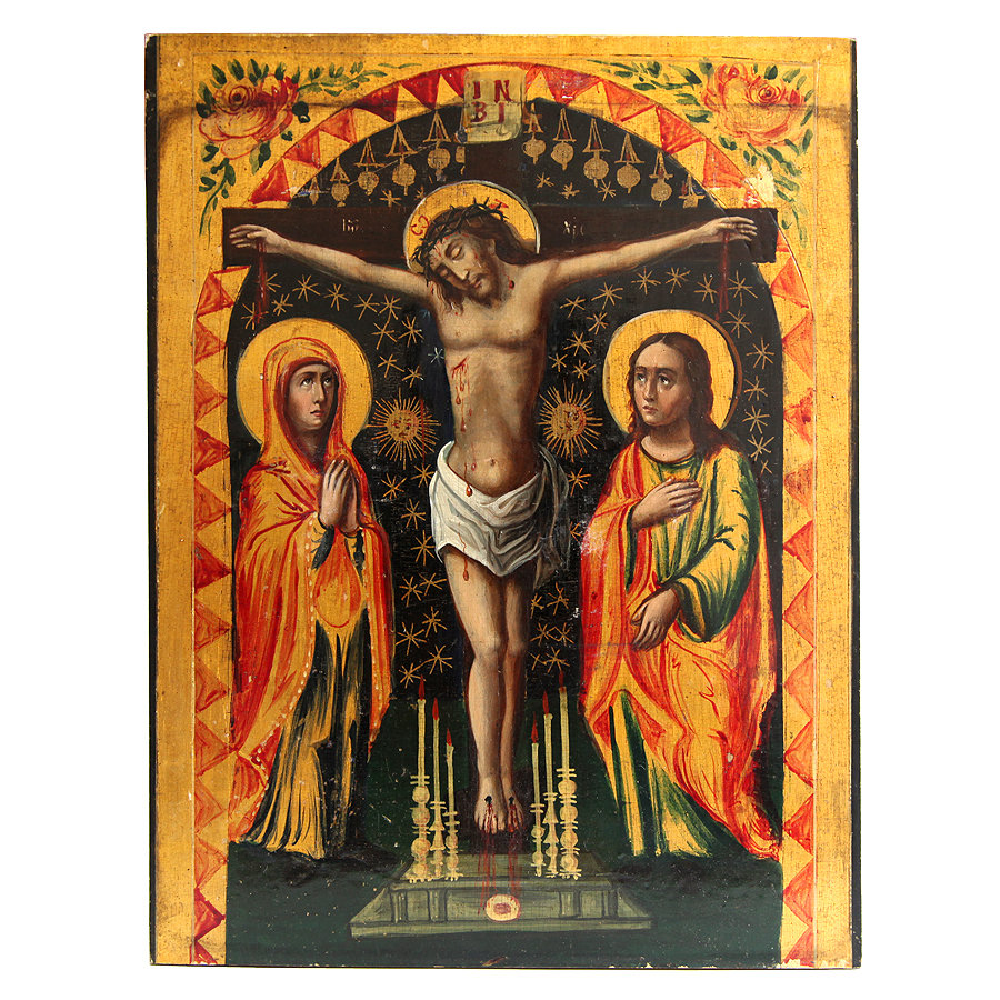 Старинная намоленная паломническая икона Распятие Господа Иисуса Христа. Святая Земля, Иерусалим XIX Век.