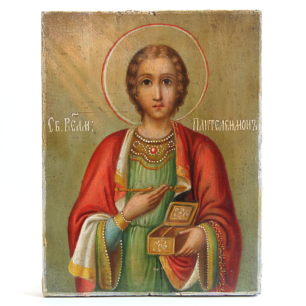 Старинная икона «Святой Пантелеймон Целитель», небесный покровитель врачей. Россия XIX век.