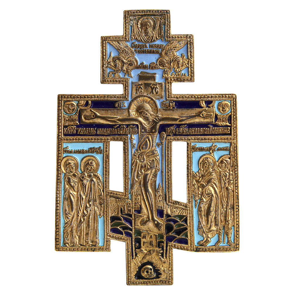 Старинный бронзовый крест Распятие Христово с предстоящими святыми, золочение и эмали. Россия XIX век.