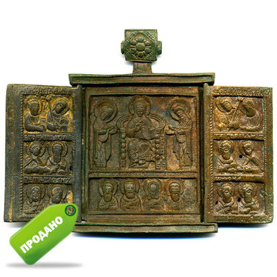 Старинный бронзовый складень 17-18 века Деисус с сюжетом Избранные святые. Ковчег.