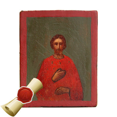 Старинная икона Святой благоверный князь Александр Невский в красной рубахе, «Не в силе Бог, а в правде». Россия 19 век.