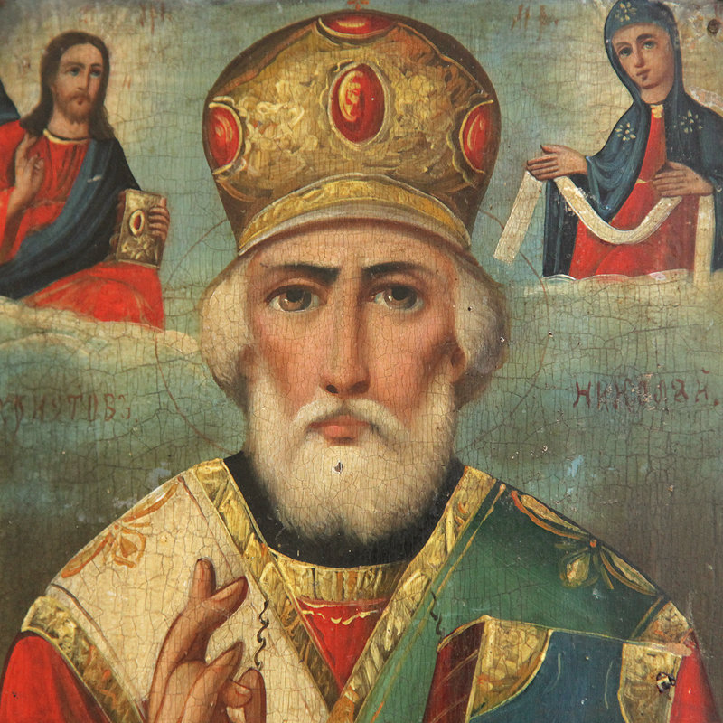 Cтаринная икона святой Николай Чудотворец в епископской митре. Россия 19 век.