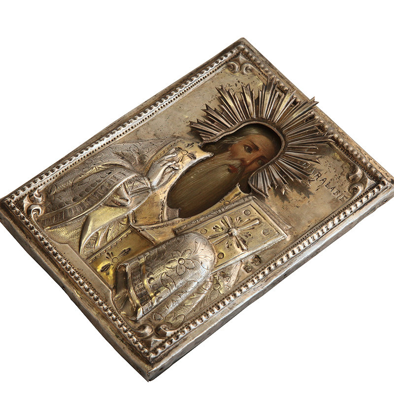 Старинная икона в серебряном окладе для финансового благополучия Священномученик чудотворец Харлампий. Метеорский Монастырь Святого Стефана 1870-1880 гг.