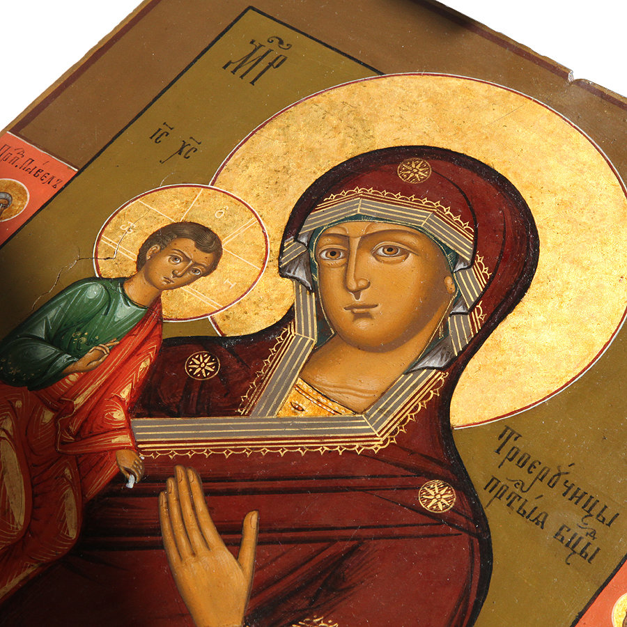 Старинная икона Божией Матери именуемой Троеручица с золотой ручкой. Россия, Гуслицы 1850-1860 гг.