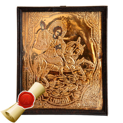 Старинная икона Святого Георгия Победоносца поражающего змия. Россия 1890-1900 год
