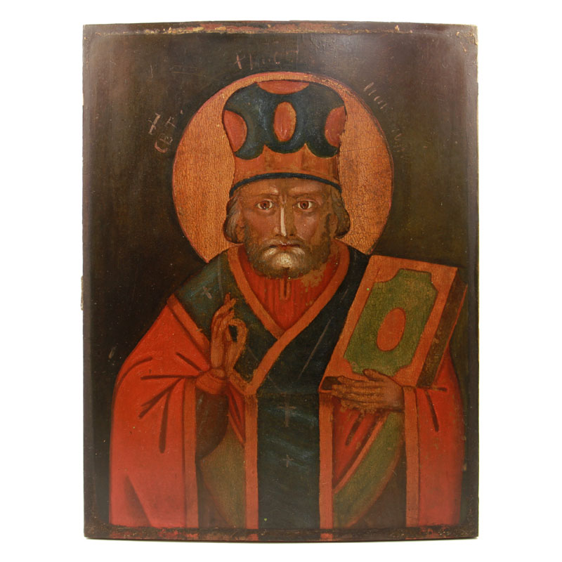 Старинная намоленная икона святитель Николай Чудотворец (Никола Зимний) в старинной раме. Россия 1870-1890 год
