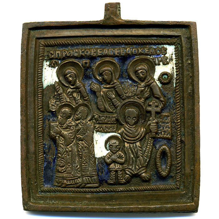 Старинная икона образок 19 века  Икона Святые Мученики Кирик и Иулита. Параскева, Евдокия и Варвара. Эмаль.