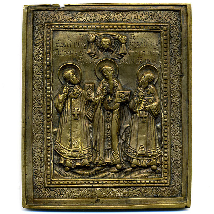Старинная Икона 19 века Три Святителя: Григорий Богослов, Василий Великий И Иоанн Златоуст.
