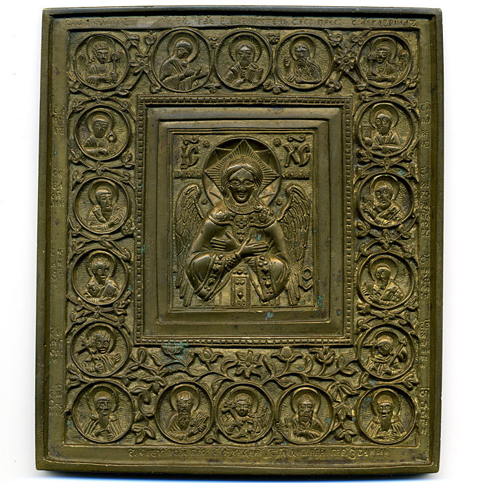 Старинная бронзовая икона 19 века Спас Благое Молчание или Ангел Благого Молчания. Бронза, патина.