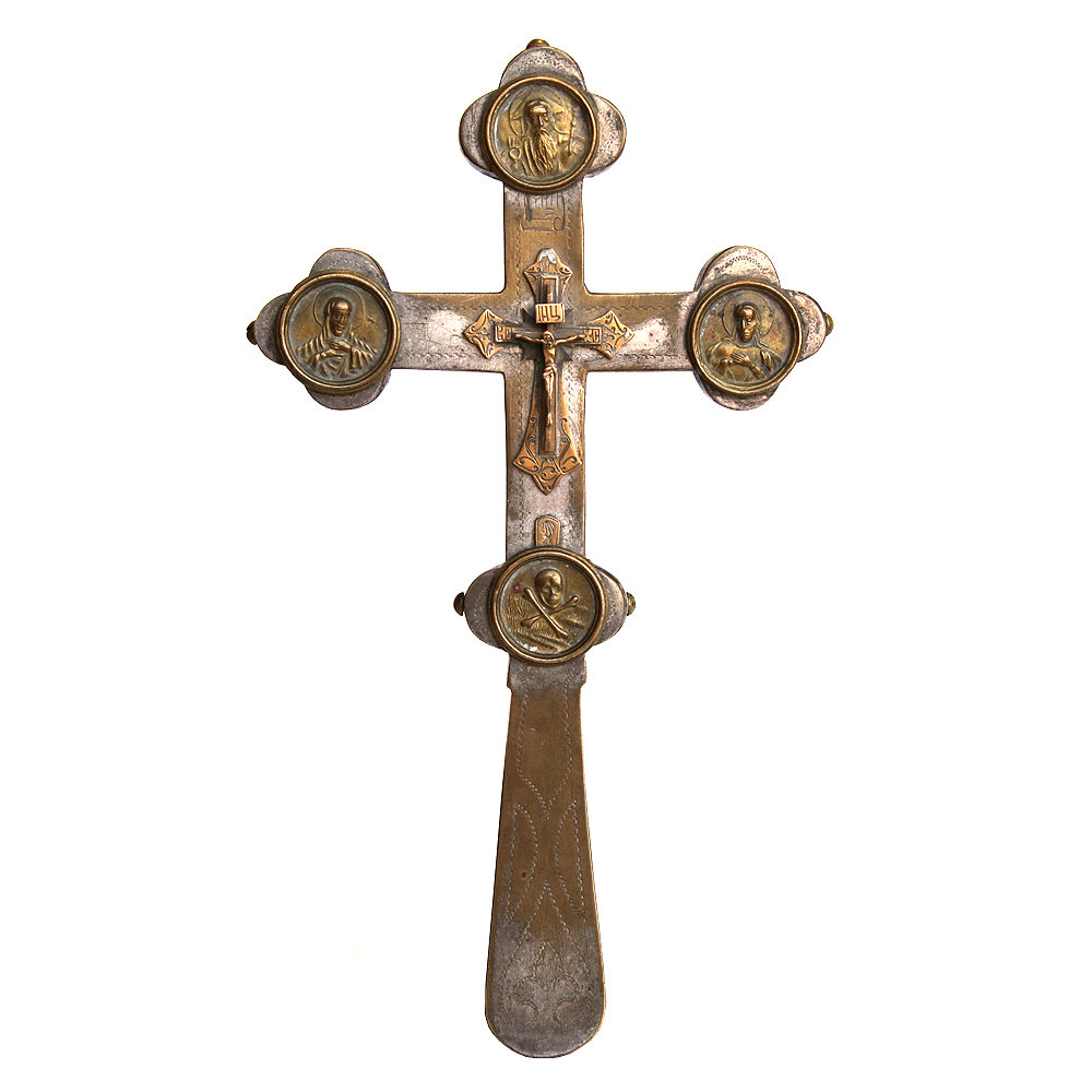 Старинный крест напрестольный водосвятный и благословляющий высотой 21,5 см. Россия XIX век.