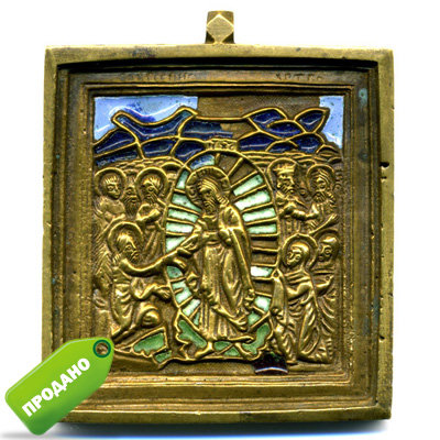 Старинная православная бронзовая икона с эмалью Воскресение христово или Сошествие во ад.