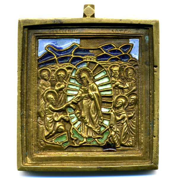 Старинная православная бронзовая икона с эмалью Воскресение христово или Сошествие во ад.