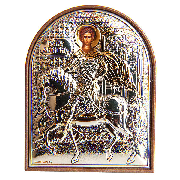 Маленькая православная икона в серебряном окладе Святой Дмитрий Солунский. Серебро 998 пробы с золочением.