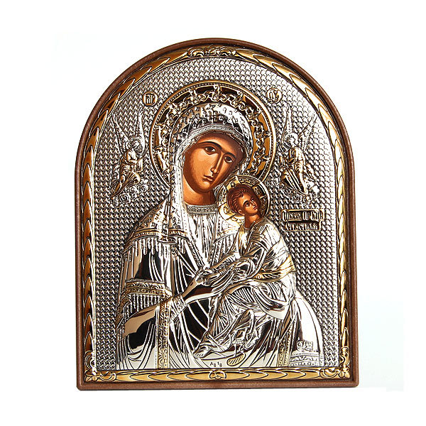 Подарочная православная икона в серебряном окладе Страстная икона Божией Матери. Серебро 998 пробы с золочением.