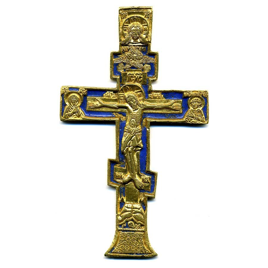 Старинный заказной золоченый православный крест 19 века Распятие Христово поморского типа.