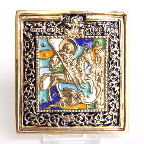 №1 Современная литая православная иконка Святой Георгий Победоносец среднего размера. Эмаль.