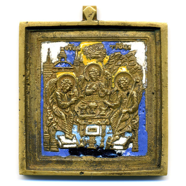 Старинная православная литая Икона Троица Ветхозаветная с эмалями