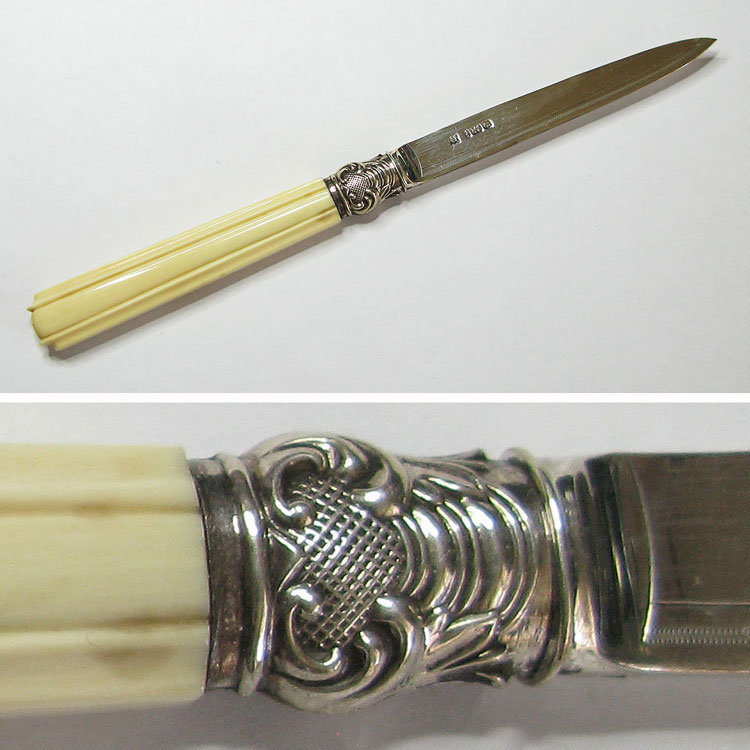Антикварный серебряный кабинетный нож для писем с ручкой из слоновой кости. Англия 1901 год.