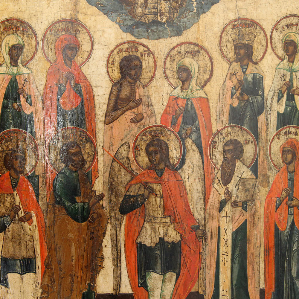 Старинная заказная православная икона «Архангел Михаил с избранными святыми» Урал, первая половина 19 века.