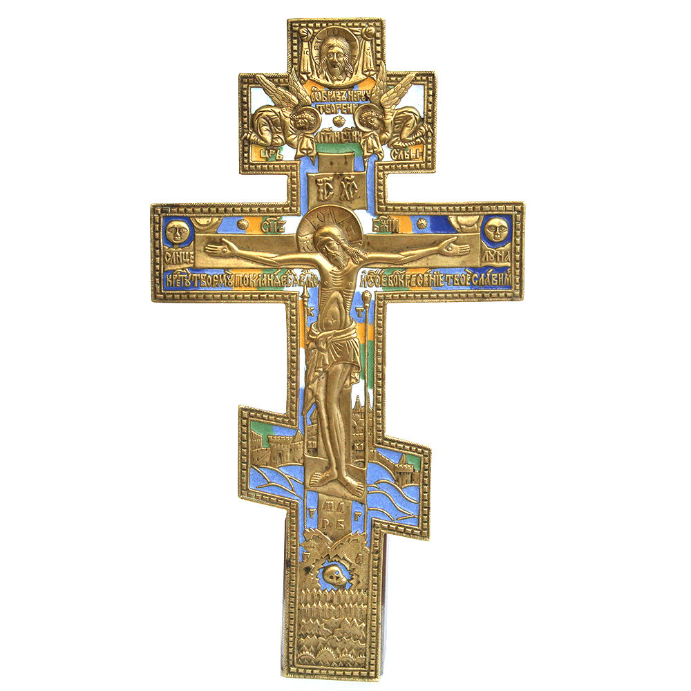 Шикарный старинный крест из бронзы, Распятие Христово для домашнего моления, высота 25 см, 5 цветов эмали. Россия, Москва XIX век.