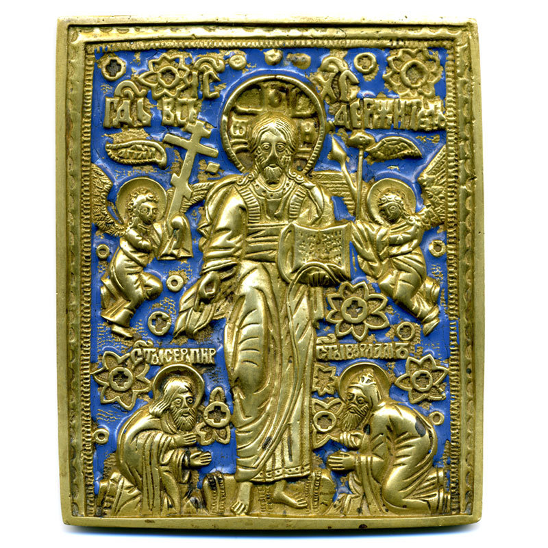 Большая литая бронзовая икона Спас Смоленский с припадающими святыми.
