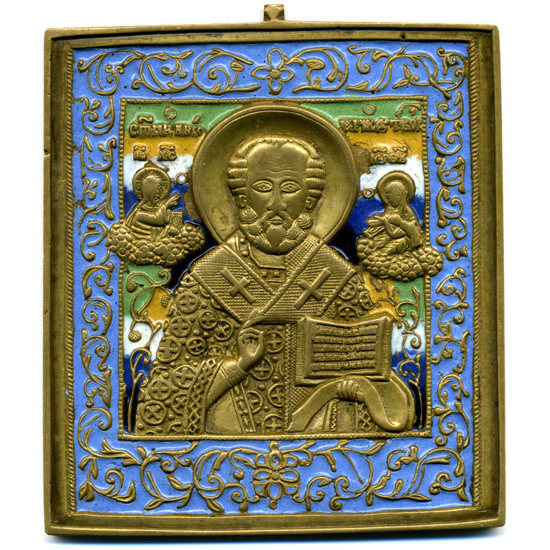Большая старинная литая икона Николай Чудотворец в 6 эмалях с клеймом МРСХ работа Родиона Семеновича Хрусталева.