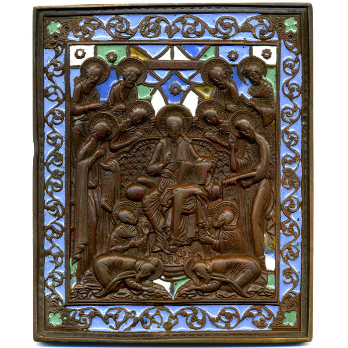Большая старинная литая бронзовая икона с сюжетом Седмица - Спас на престоле, полный вариант из 13 фигур.
