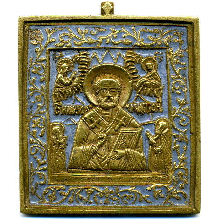 Старинная литая бронзовая Икона Святой Накола Чудотворец с широкой рамкой и голубой эмалью
