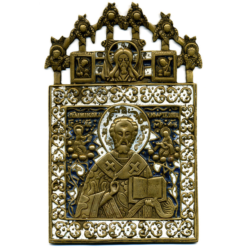 Крупная 15 см старинная литая икона Николай Чудотворец с херувимами и архангелами Гуслицы.