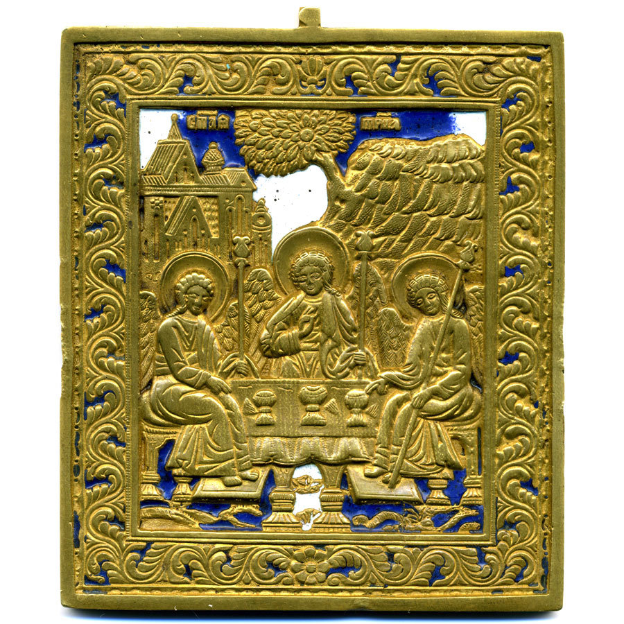 Большая старинная православная литая Икона Троица Ветхозаветная с эмалями и позолотой