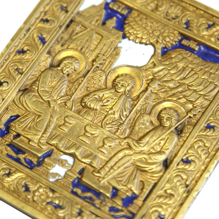 Большая старинная православная литая Икона Троица Ветхозаветная с эмалями и позолотой