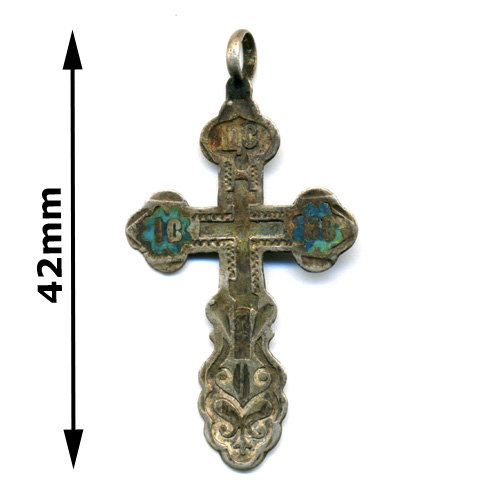42 мм Старинный нательный крест из серебра 84 пробы времен Царской России с бирюзовой эмалью