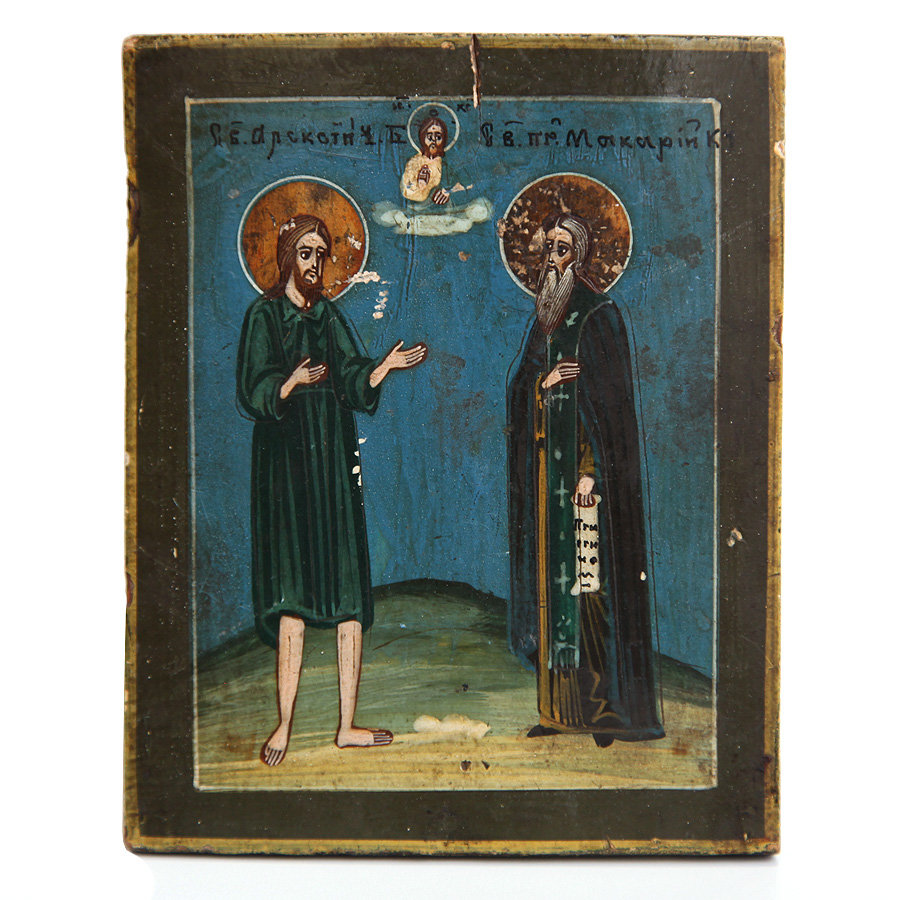 Редкая старинная пядничная икона 19 века Святой Алексей Человек Божий и святой Преподобный Макарий Игумен Калязинский Чудотворец.