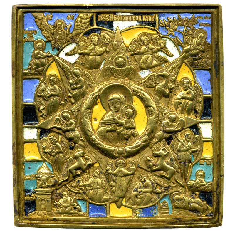 Старинная литая бронзовая икона 19 века Неопалимая Купина - защитница от пожаров, украшенная эмалью шести цветов.