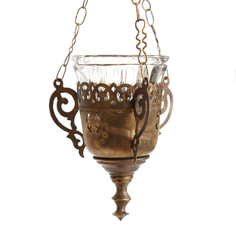 Латунная подвесная старинная лампада со стаканчиком из прозрачного стекла. Высота 13,5 см. Царская Россия