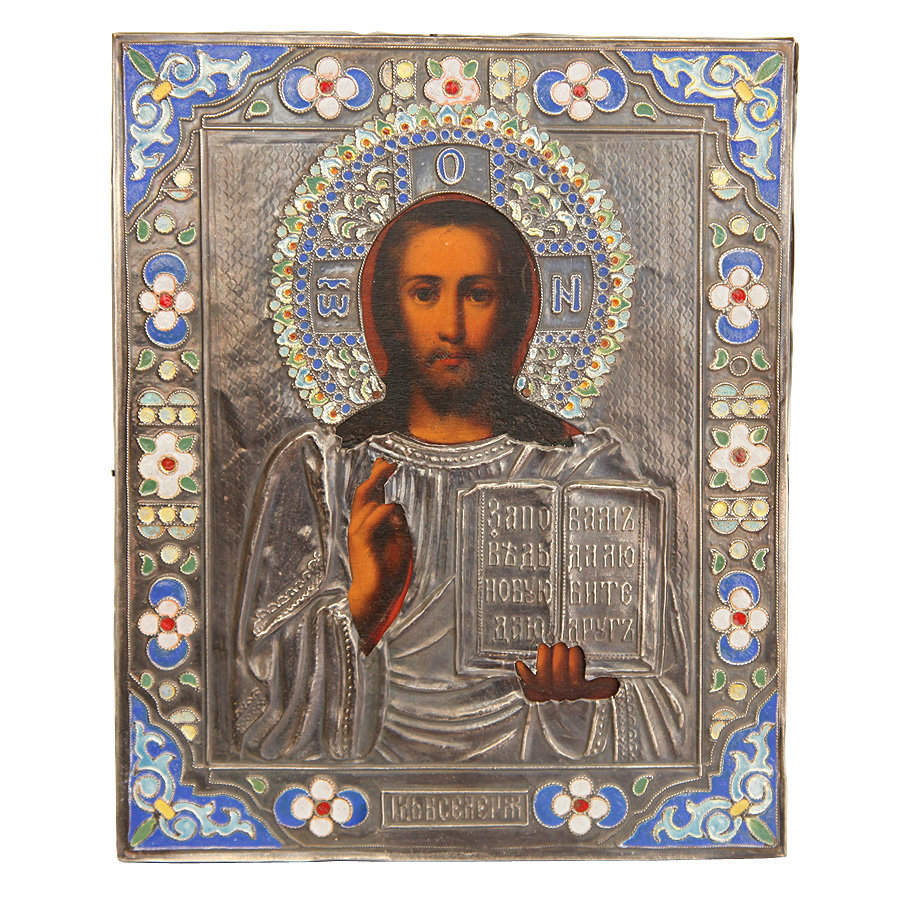 Старинная икона в серебряном окладе Господь Вседержитель, Россия 19 век.