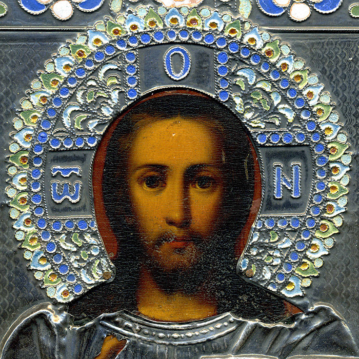 Старинная икона в серебряном окладе Господь Вседержитель, Россия 19 век.
