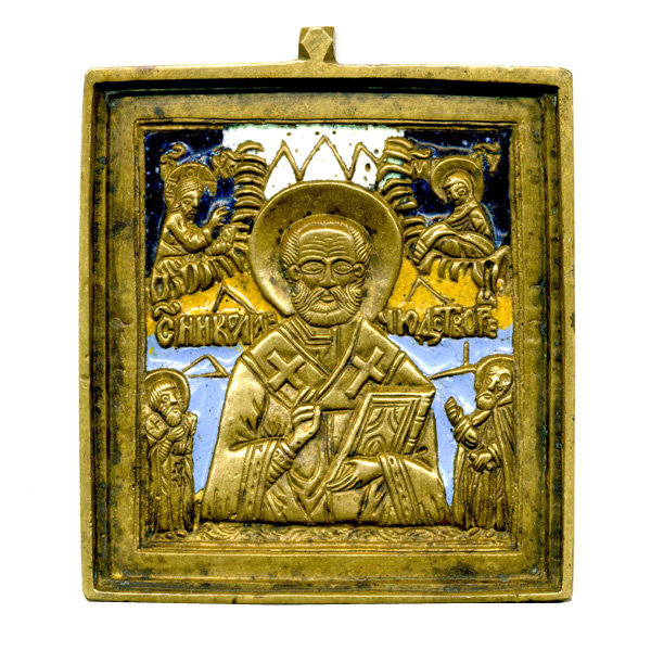 Старинная бронзовая Икона Святитель Николай Чудотворец. Эмаль четырех цветов.