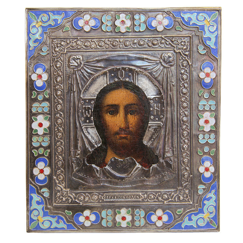 Старинная икона в серебряном окладе Образ Нерукотворный Господа, Россия 19 век.