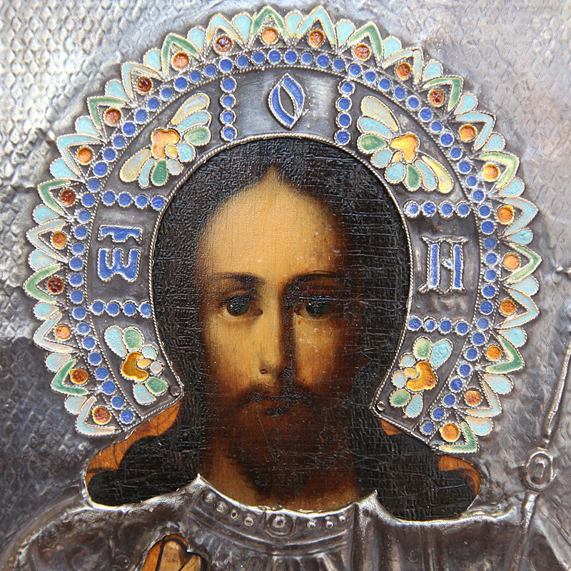 Крупная Старинная икона в серебряном окладе Господь Вседержитель, Россия 19 век.