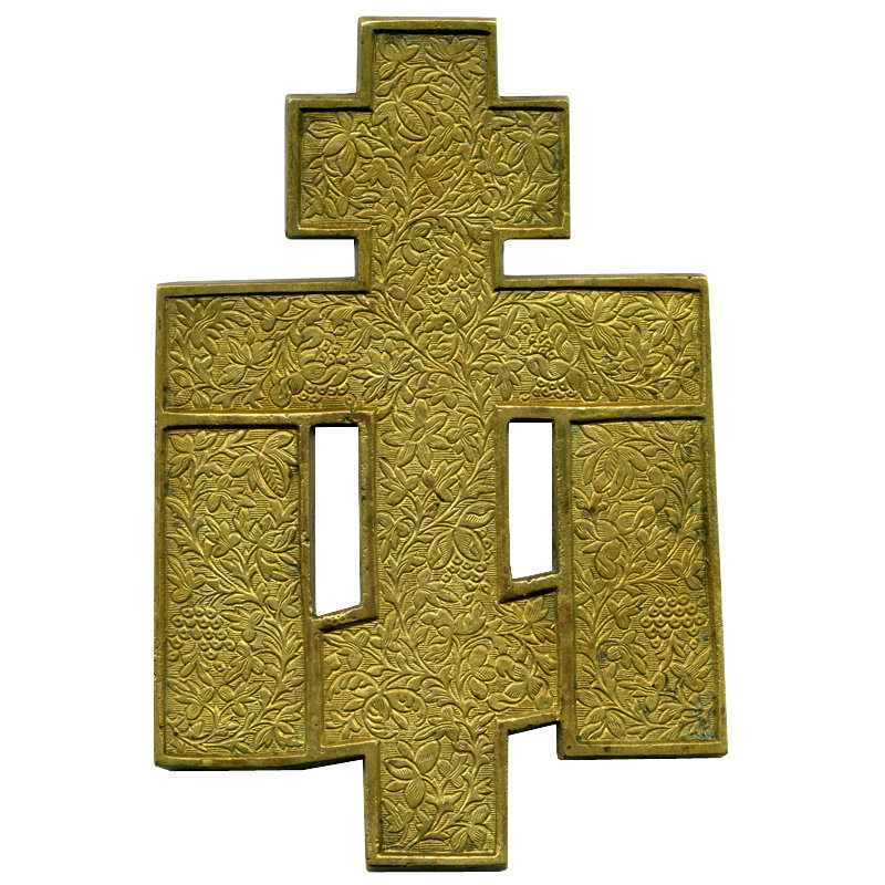Старинное бронзовое распятие с предстоящими святыми 19 века, покрытое эмалью 4 цветов.  Русское медное литье.
