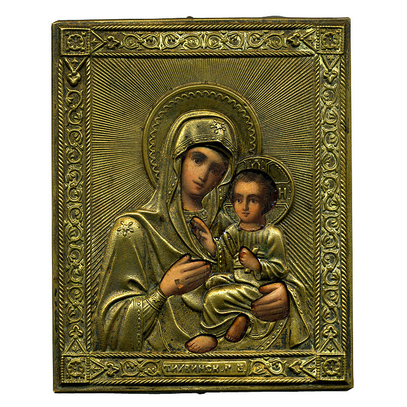 Небольшая старинная икона 19 века Богородица Тихвинская в красивом окладе.
