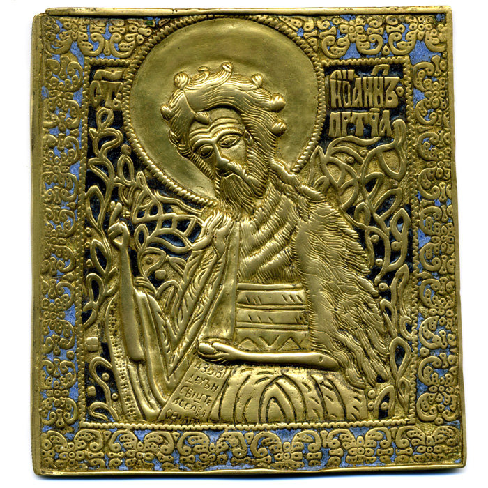 Крупная старинная литая икона 19 века Иоанн Предтеча Креститель, Ангел пустыни с эмалью . Русское медное литье 19 век.
